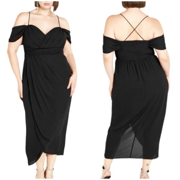 City Chic NWT Entwine Tulip Drape Maxi Dress Black Size 16 V-Neck Off Shoulder - Picture 1 of 13